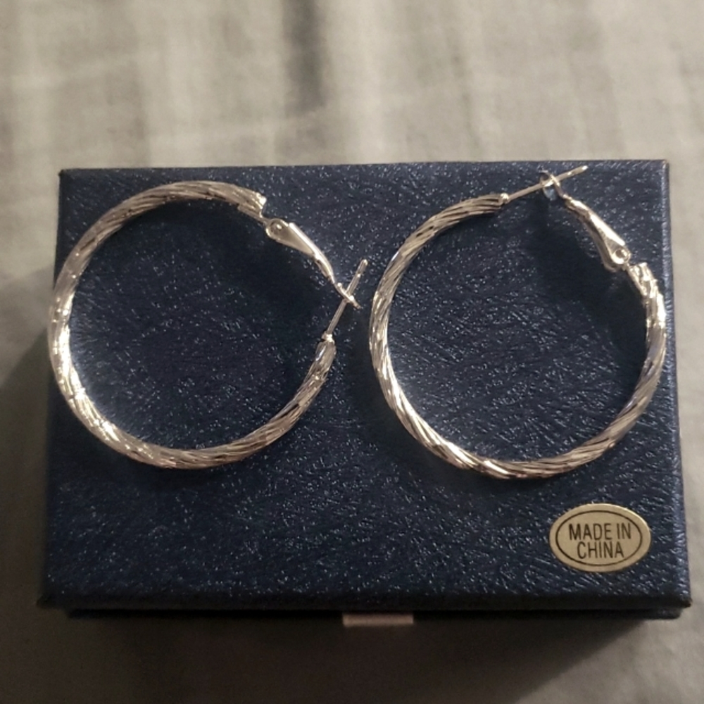 Silver Textured Hoop Earrings 40mm